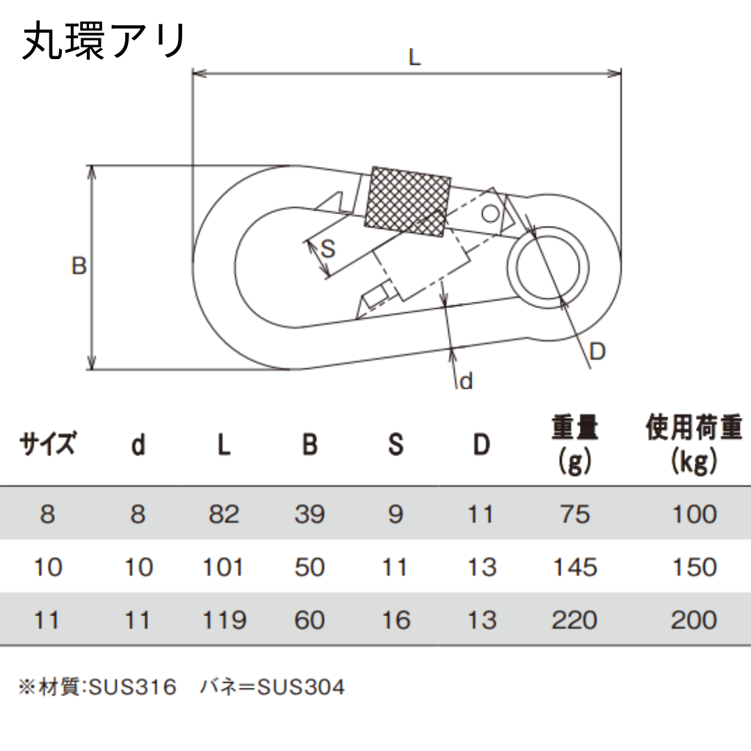 【カラビナ】AKフックハズレ止めナット付(ステンレス)