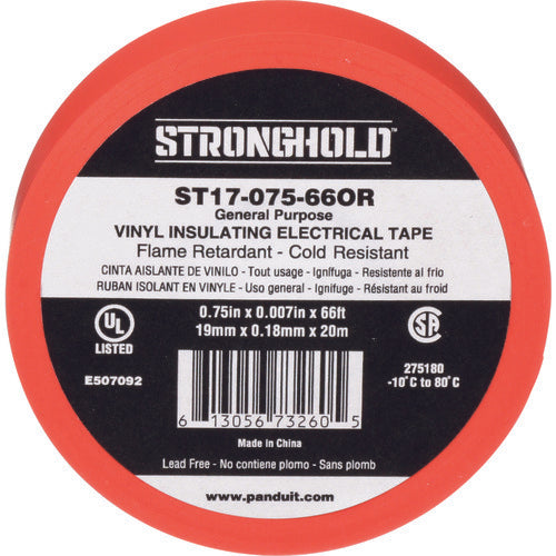 ストロングホールド StrongHoldビニールテープ 一般用途用 オレンジ 幅19.1mm 長さ20m ST17−075−66OR