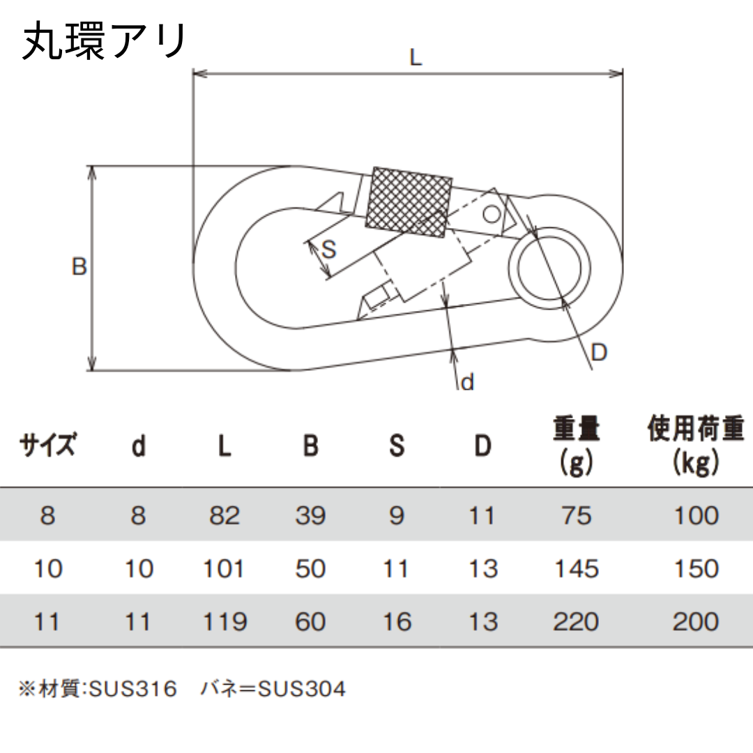 【カラビナ】AKフックハズレ止めナット付（ステンレス）