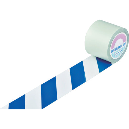 緑十字 ガードテープ（ラインテープ） 白／青（トラ柄） GT−102WBL 100mm幅×20m