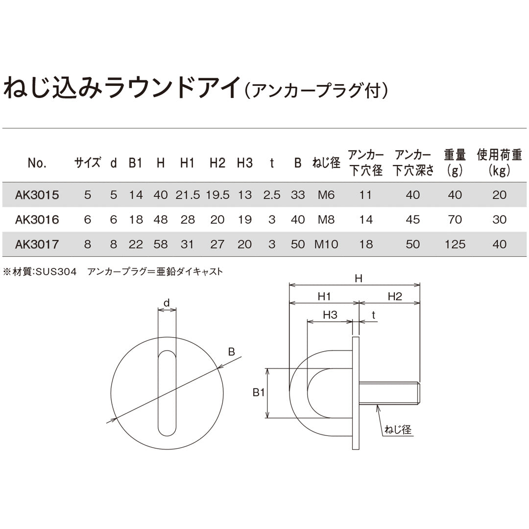 ねじ込みラウンドアイ（アンカープラグ付）